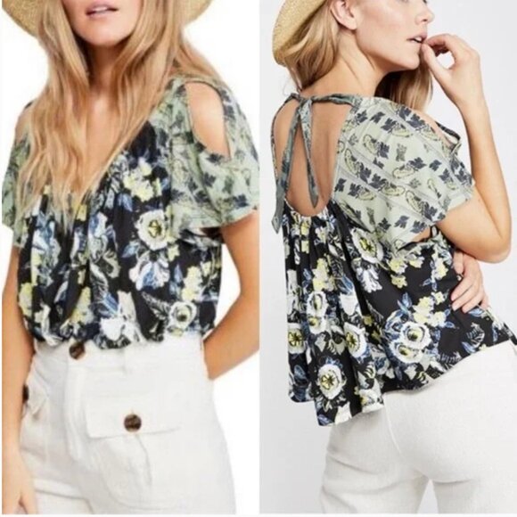 Free People Baja Babe Cold Shoulder Short Sleeve Shirt Floral Black Size Large - Picture 1 of 12